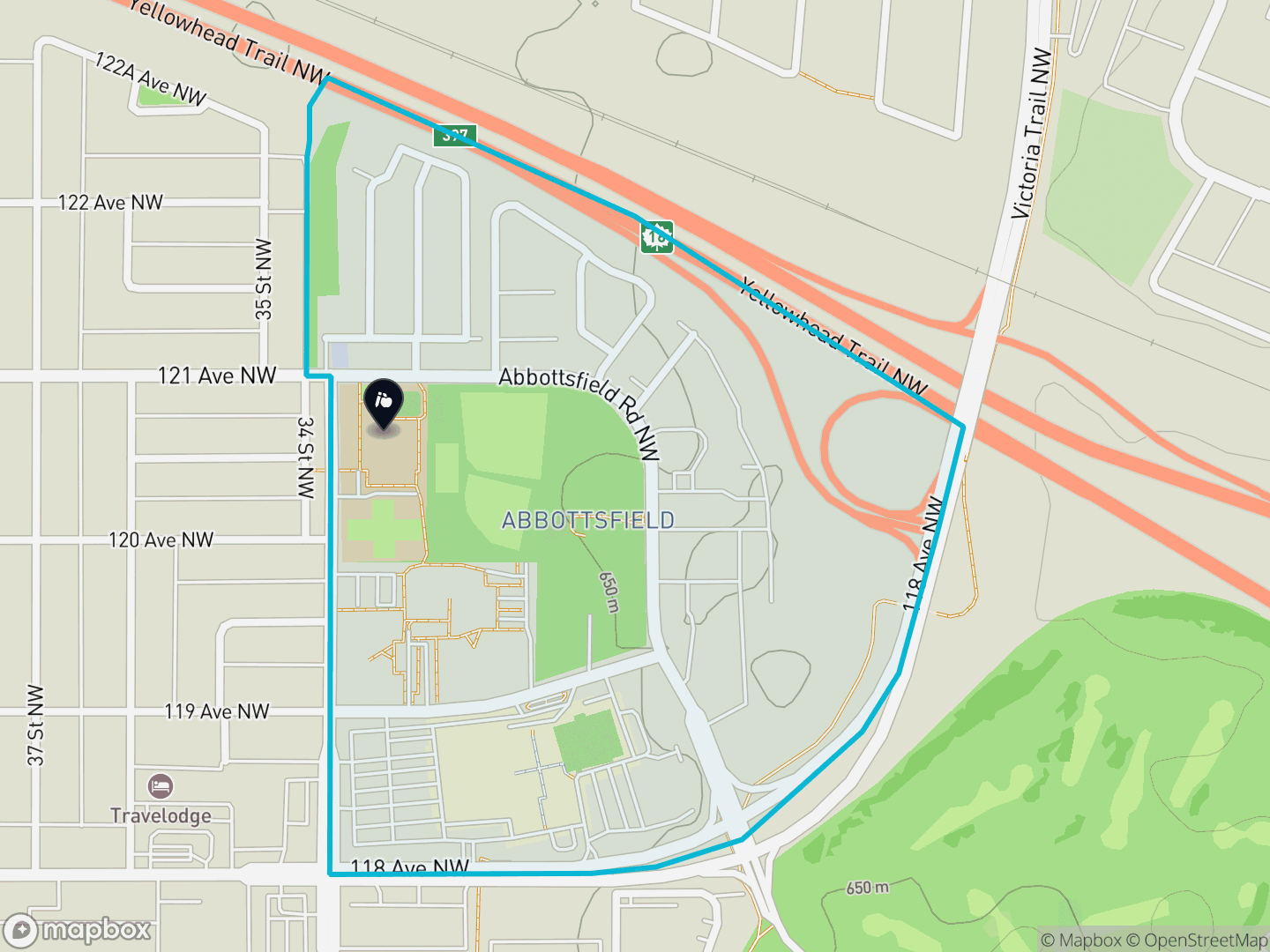 Map of Abbottsfield, Edmonton — neighbourhood boundary, 1 school, parks and surrounding streets.