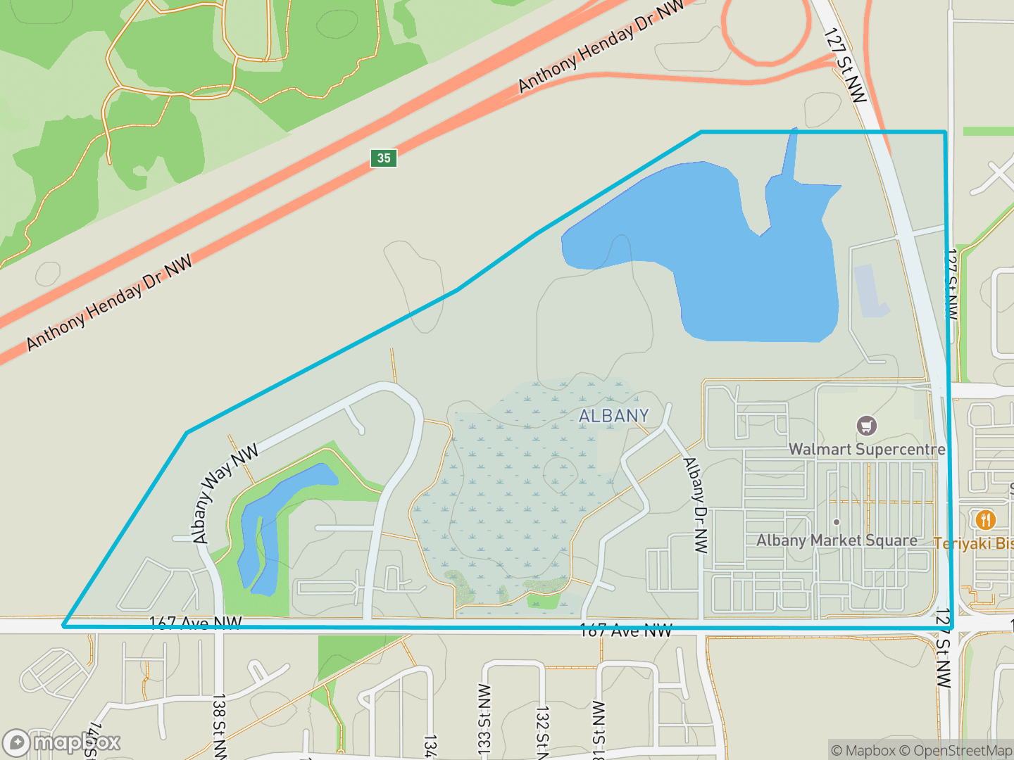 Map of Albany, Edmonton — neighbourhood boundary, parks and surrounding streets.