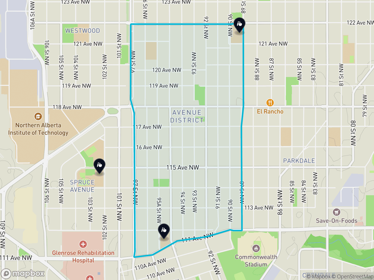 Map of Alberta Avenue, Edmonton — neighbourhood boundary, 3 schools, parks and surrounding streets.