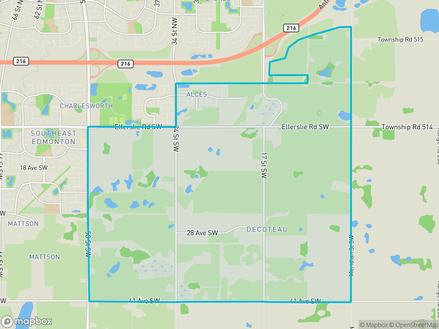 Map of Alces, Edmonton — neighbourhood boundary, parks and surrounding streets.