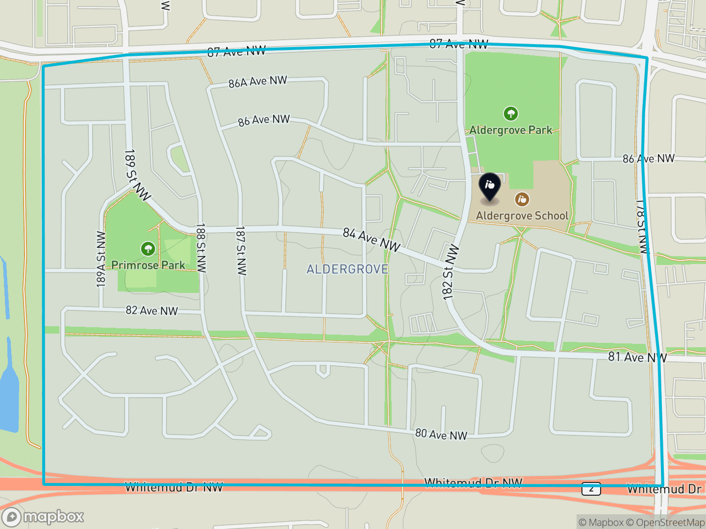 Map of Aldergrove, Edmonton — neighbourhood boundary, 1 school, parks and surrounding streets.