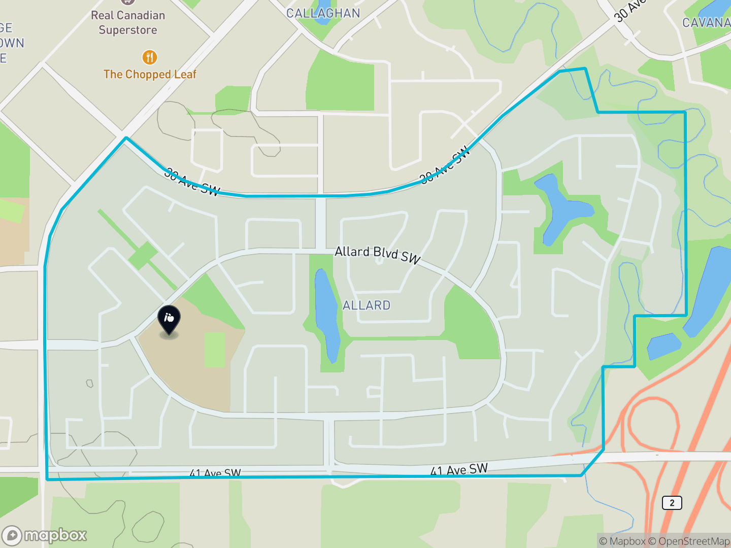 Map of Allard, Edmonton — neighbourhood boundary, 1 school, parks and surrounding streets.