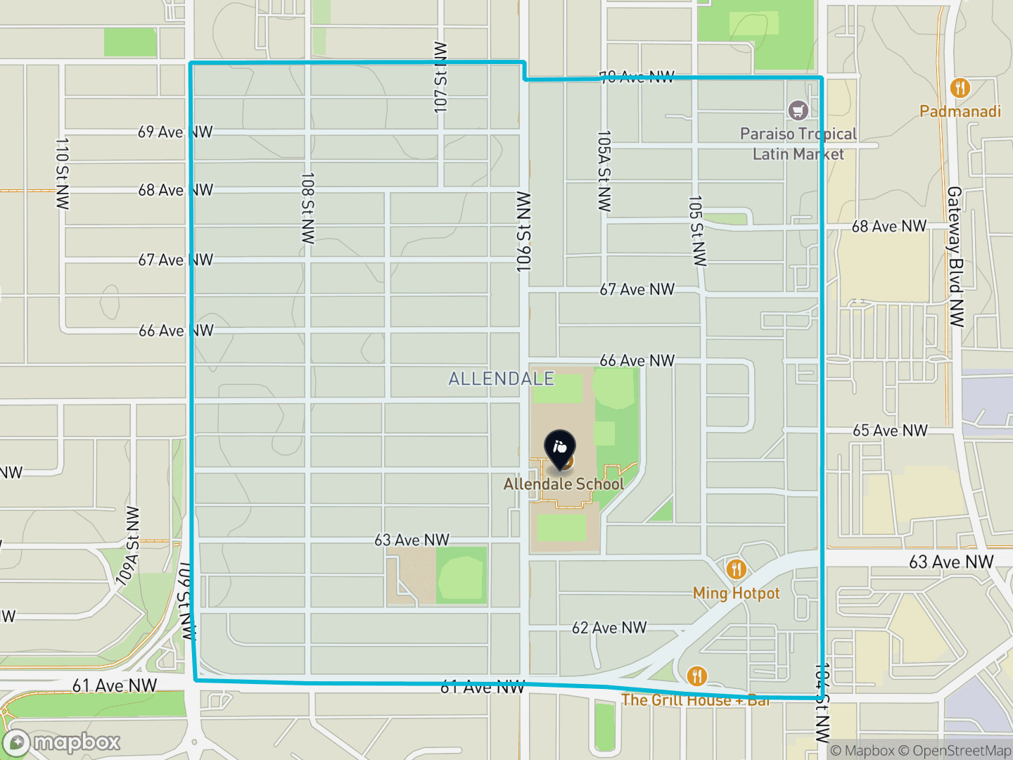 Map of Allendale, Edmonton — neighbourhood boundary, 1 school, parks and surrounding streets.