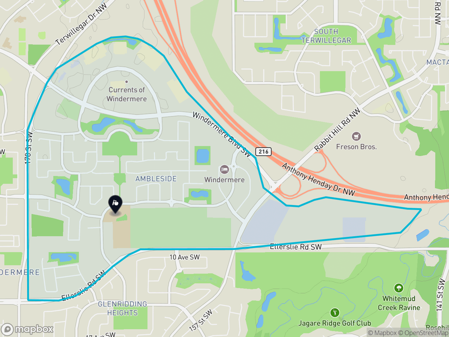 Map of Ambleside, Edmonton — neighbourhood boundary, 1 school, parks and surrounding streets.