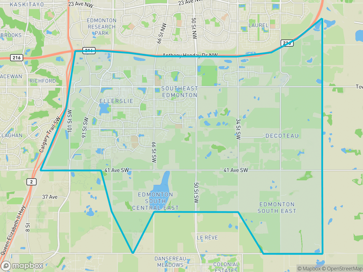 Map of Ellerslie, Edmonton — the district boundary, LRT stations and transit centres, parks and surrounding streets.