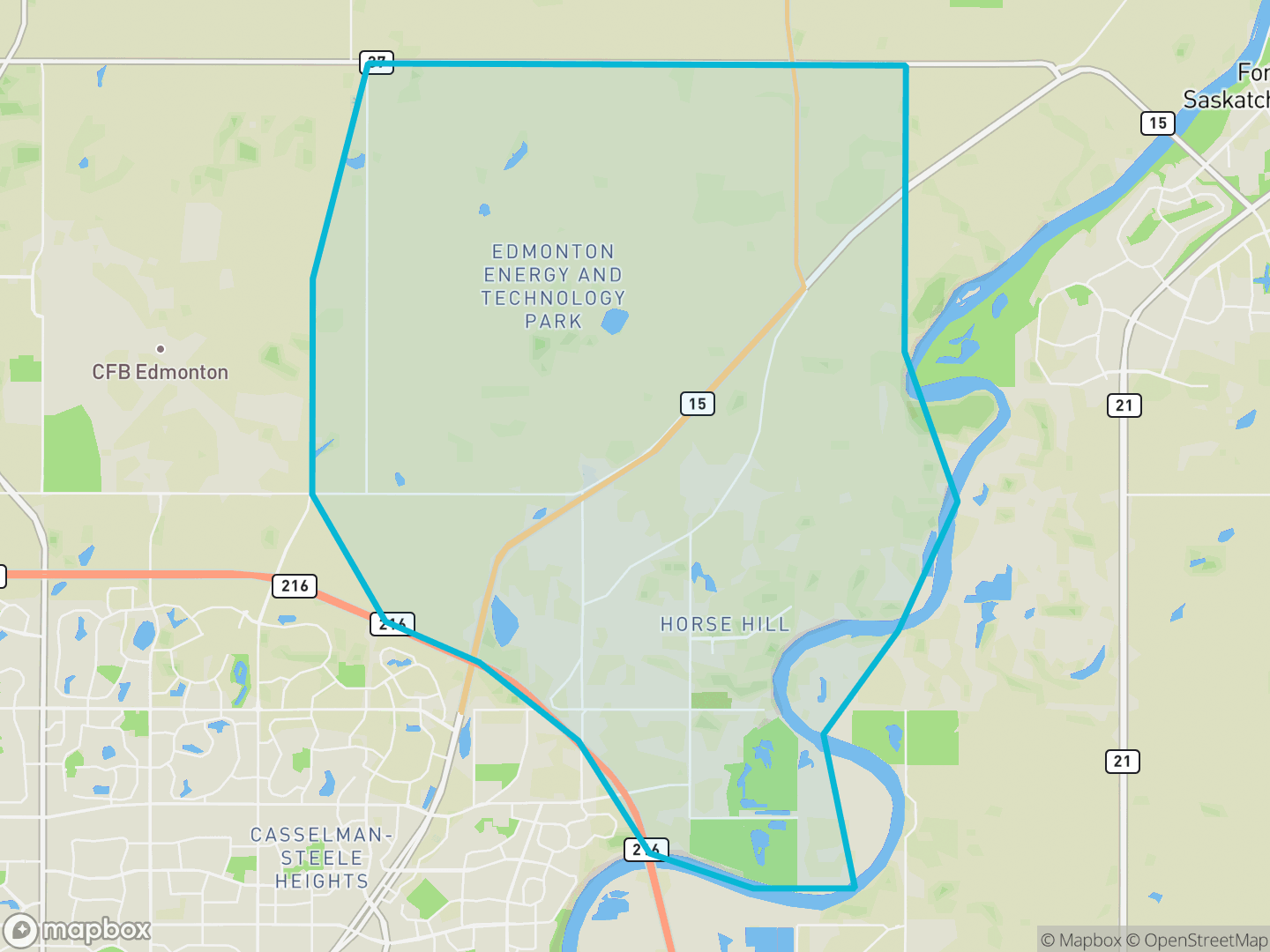 Map of Horse Hill, Edmonton — the district boundary, LRT stations and transit centres, parks and surrounding streets.