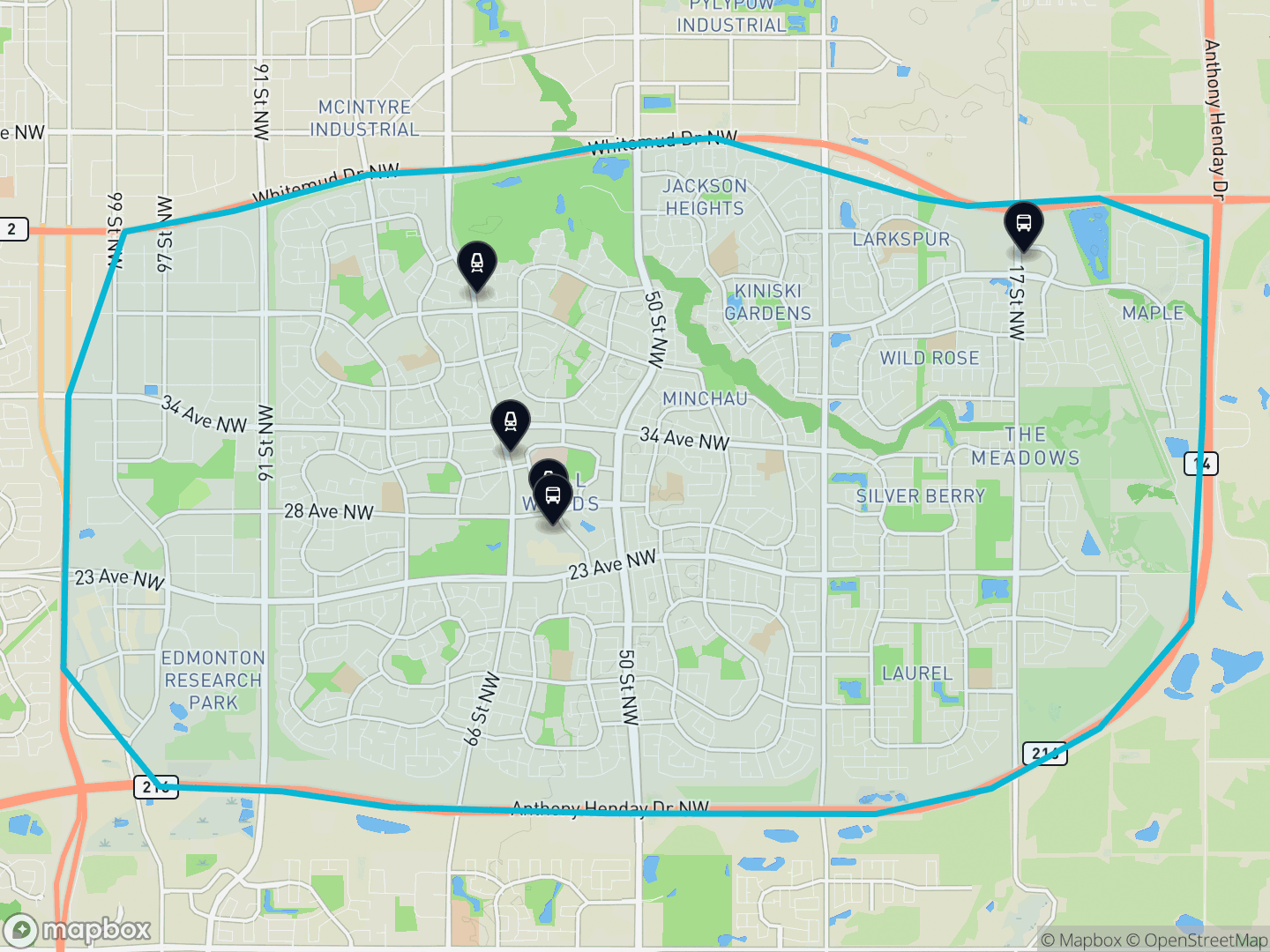 Map of Mill Woods and Meadows, Edmonton — the district boundary, LRT stations and transit centres, parks and surrounding streets.