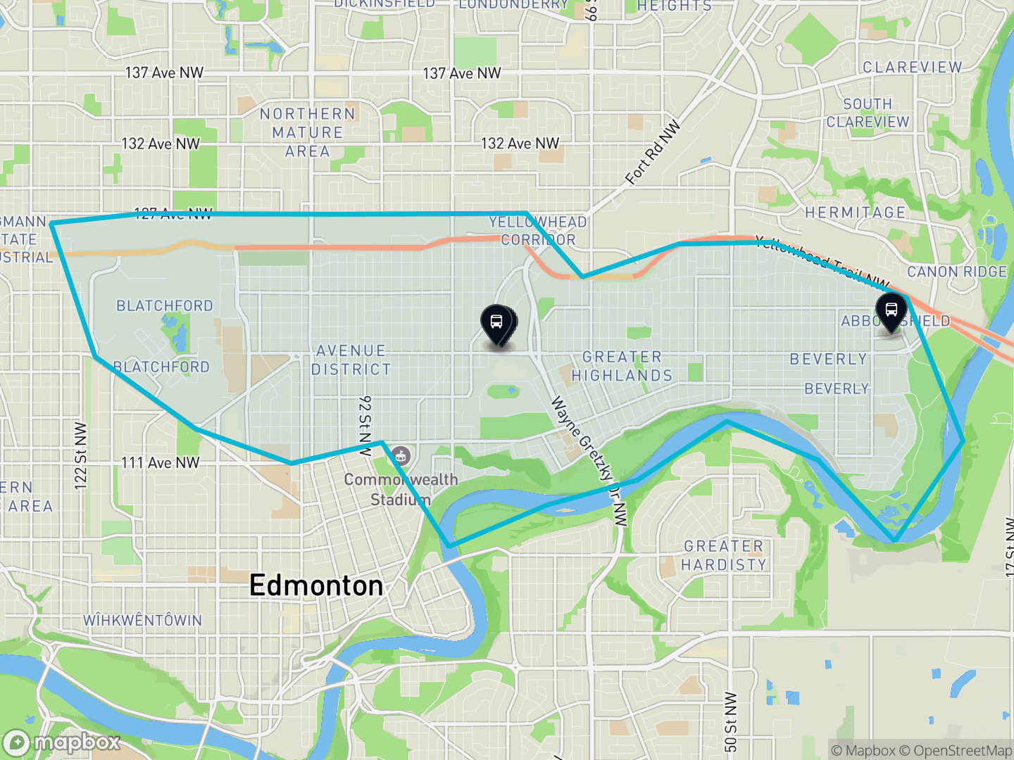 Map of North Central, Edmonton — the district boundary, LRT stations and transit centres, parks and surrounding streets.
