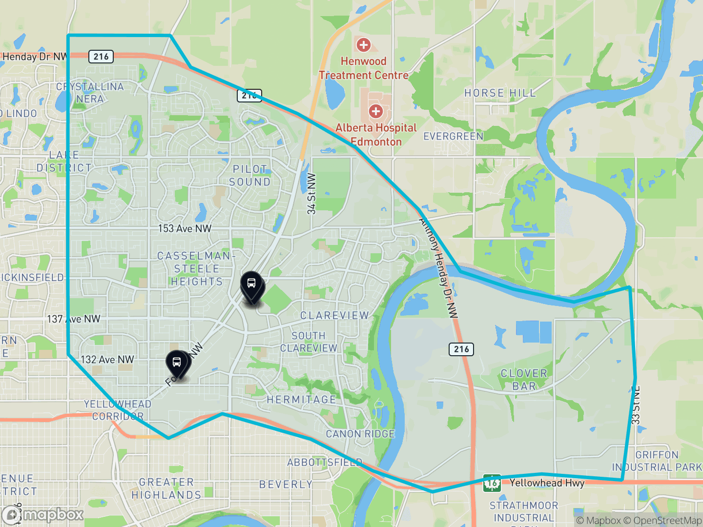 Map of Northeast, Edmonton — the district boundary, LRT stations and transit centres, parks and surrounding streets.