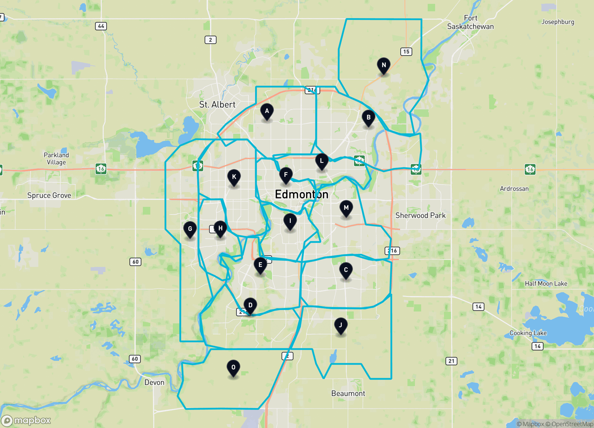 Street map of Edmonton with its 15 City Plan Districts each outlined in teal and marked with a letter A through O.