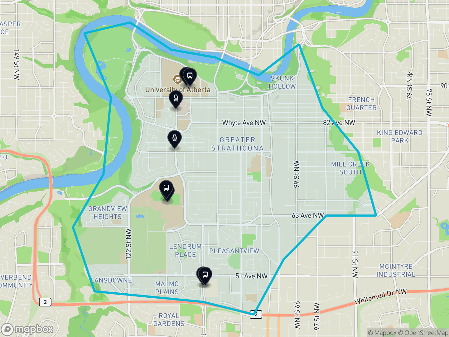 Map of Scona, Edmonton — the district boundary, LRT stations and transit centres, parks and surrounding streets.