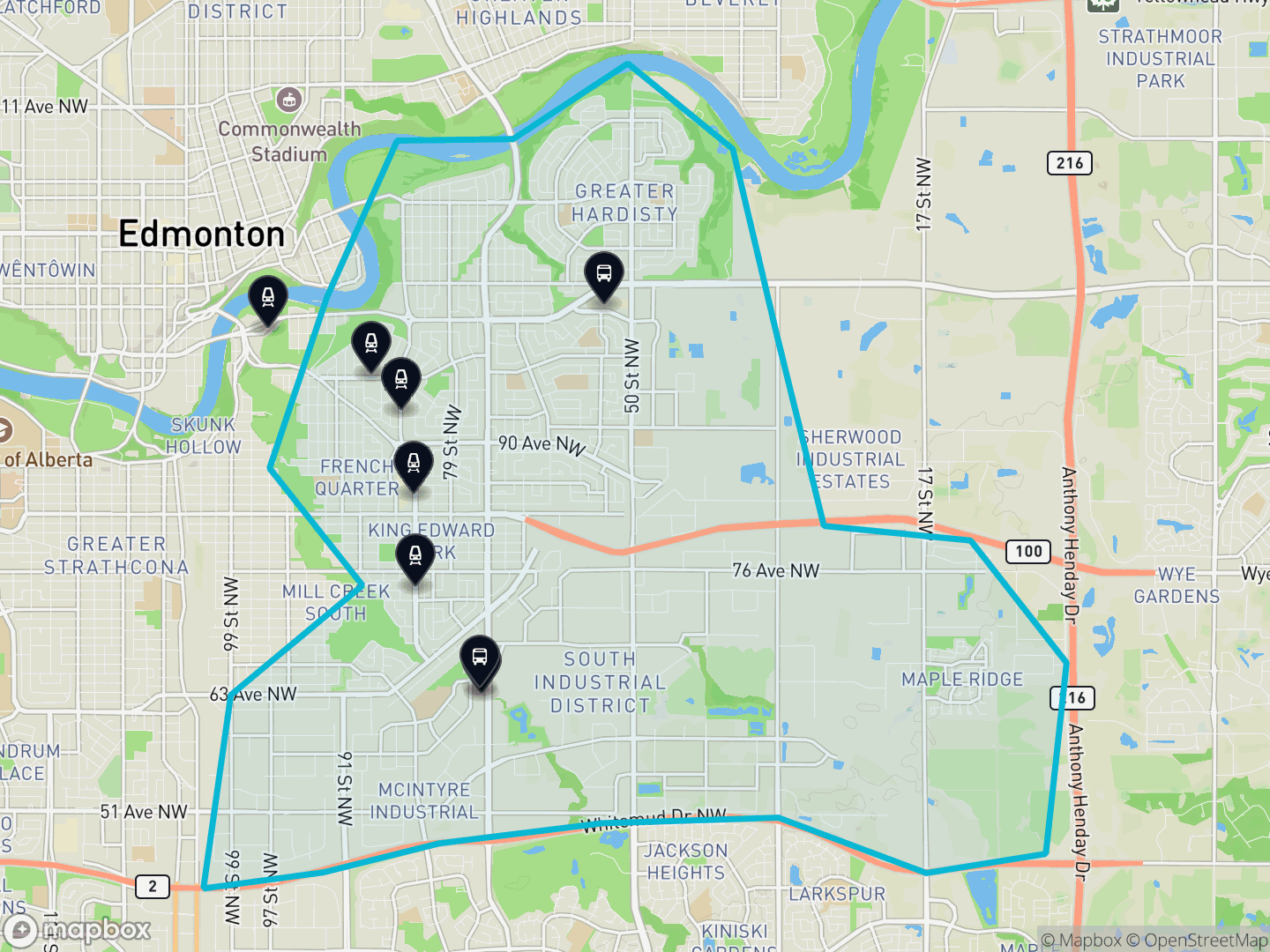 Map of Southeast, Edmonton — the district boundary, LRT stations and transit centres, parks and surrounding streets.