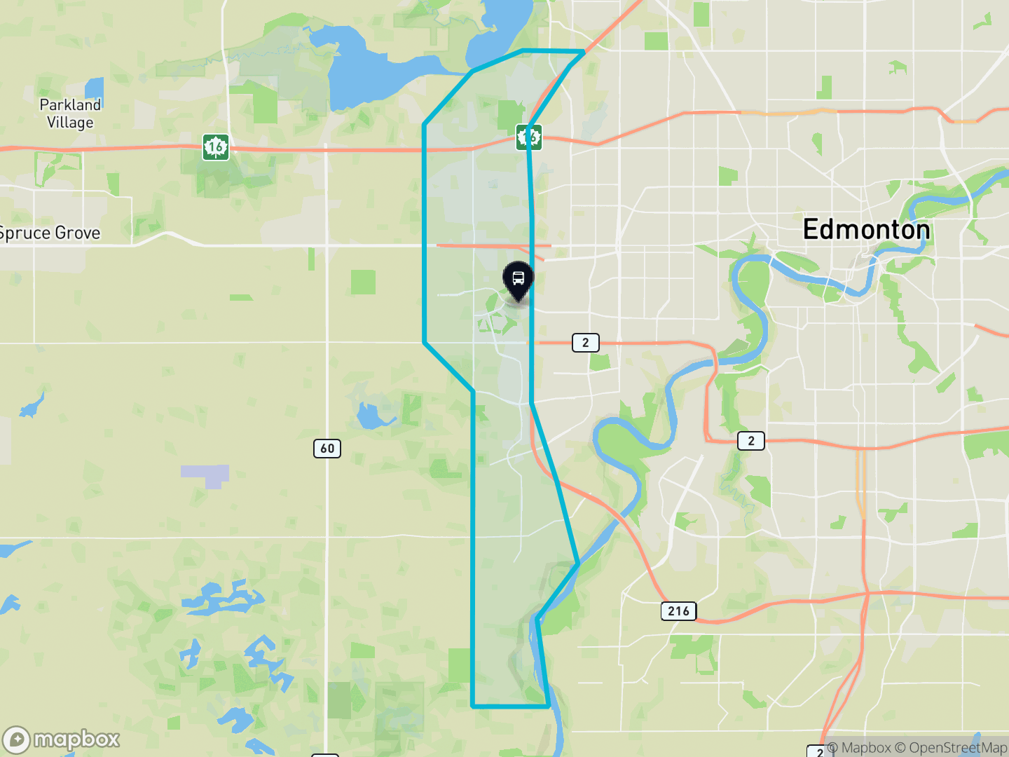 Map of West Henday, Edmonton — the district boundary, LRT stations and transit centres, parks and surrounding streets.