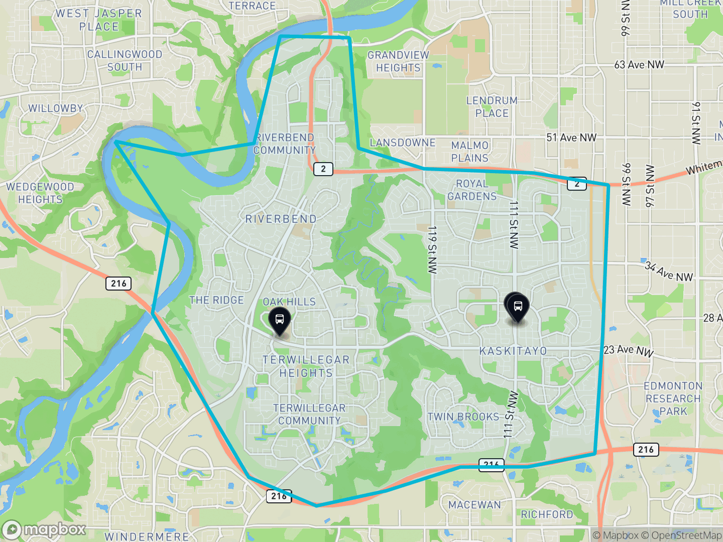 Map of Whitemud, Edmonton — the district boundary, LRT stations and transit centres, parks and surrounding streets.
