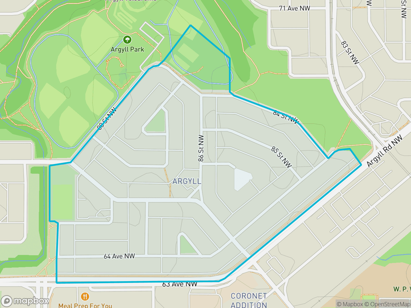 Map of Argyll, Edmonton — neighbourhood boundary, parks and surrounding streets.