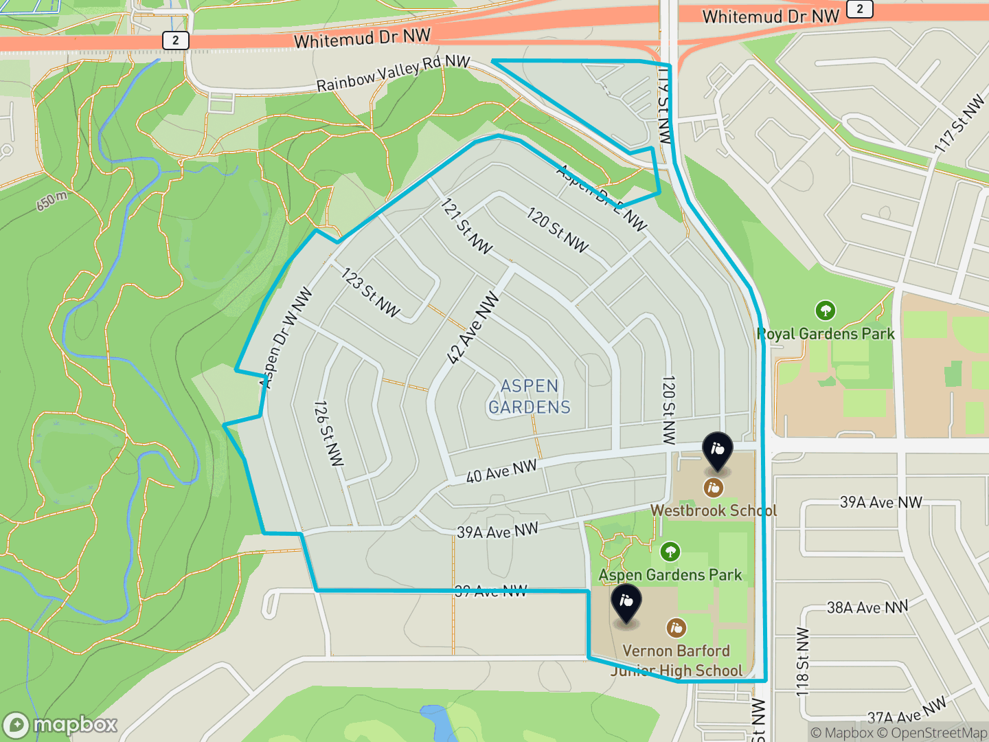 Map of Aspen Gardens, Edmonton — neighbourhood boundary, 2 schools, parks and surrounding streets.