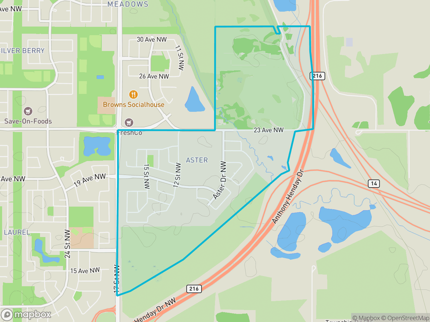Map of Aster, Edmonton — neighbourhood boundary, parks and surrounding streets.