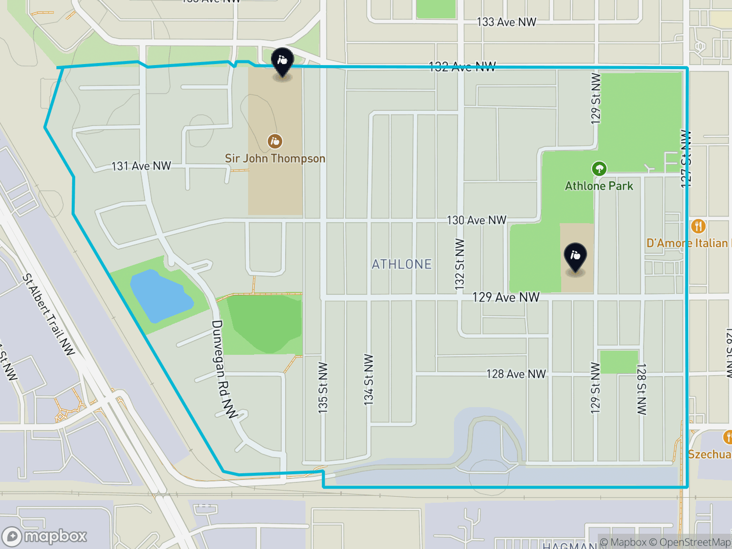 Map of Athlone, Edmonton — neighbourhood boundary, 2 schools, parks and surrounding streets.