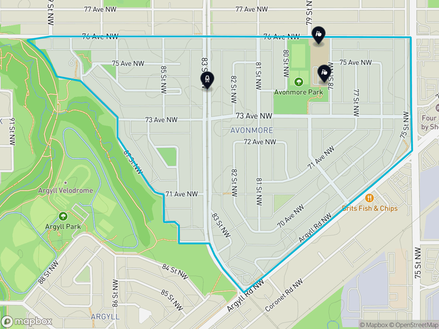 Map of Avonmore, Edmonton — neighbourhood boundary with 1 LRT station, 2 schools, parks and surrounding streets.