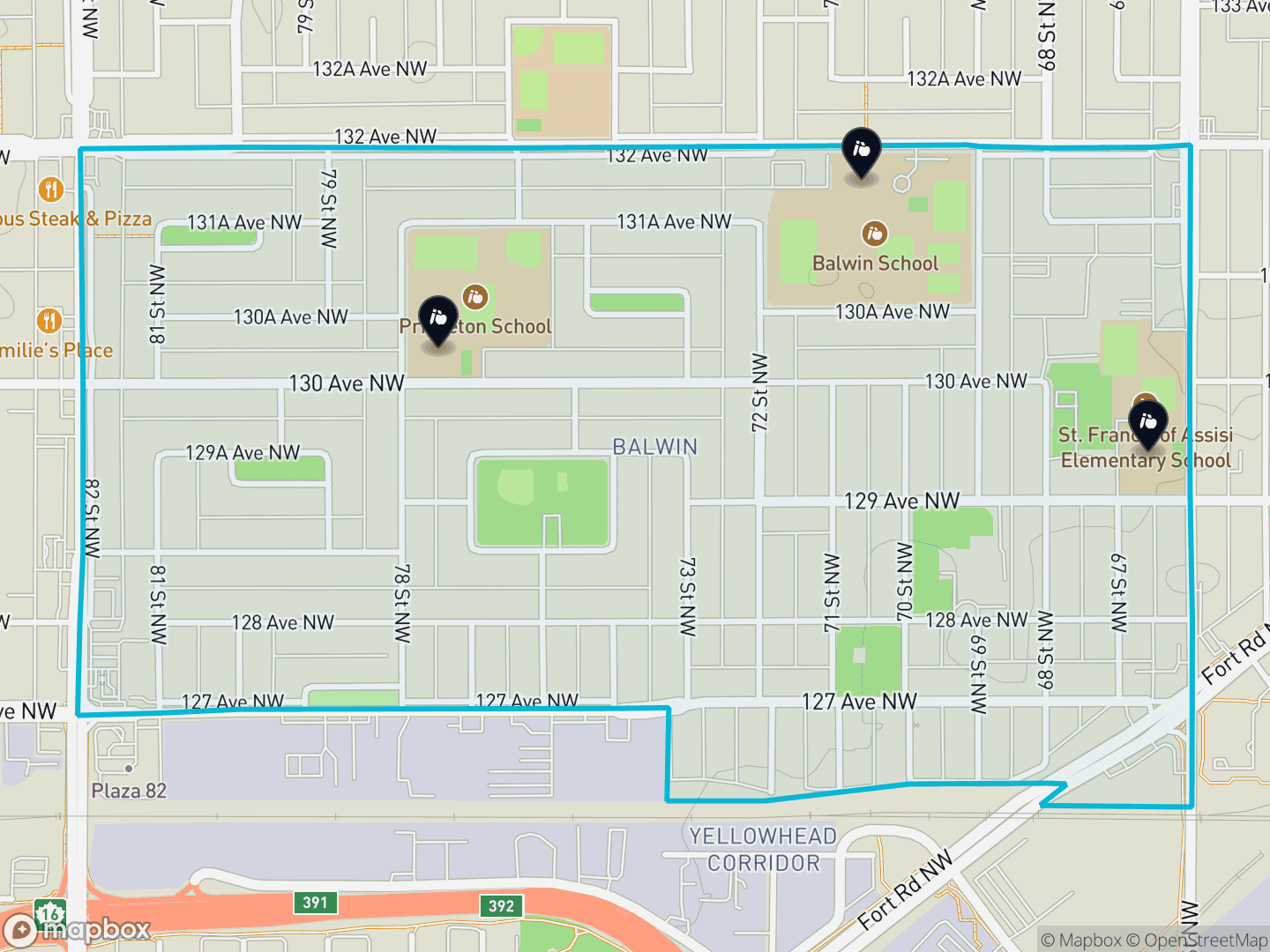 Map of Balwin, Edmonton — neighbourhood boundary, 3 schools, parks and surrounding streets.