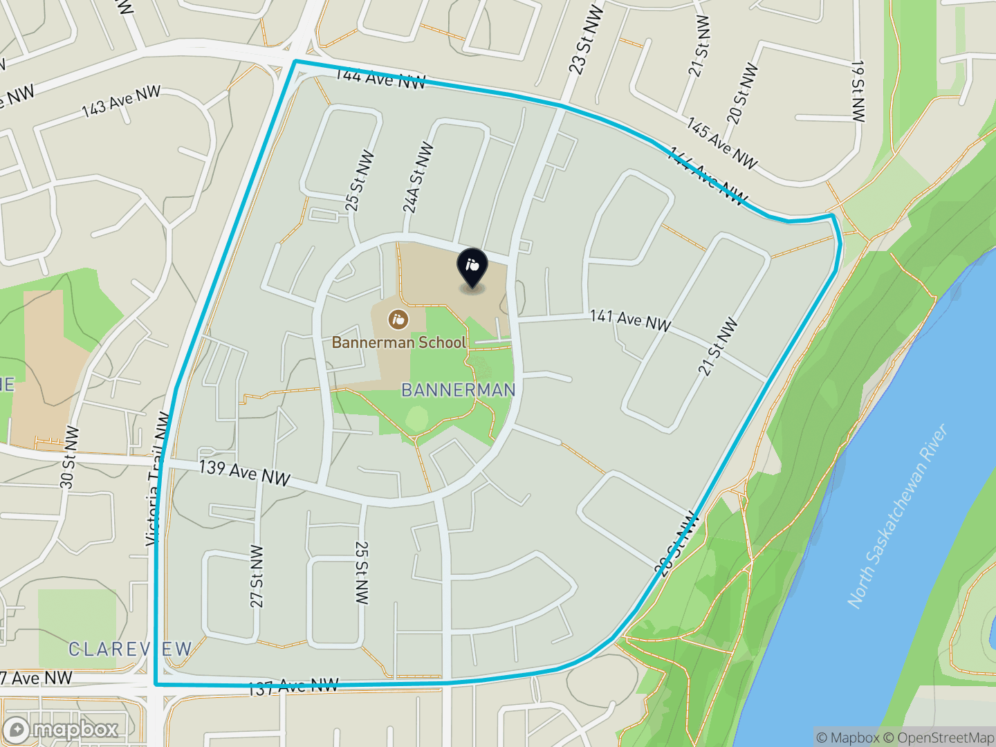 Map of Bannerman, Edmonton — neighbourhood boundary, 1 school, parks and surrounding streets.