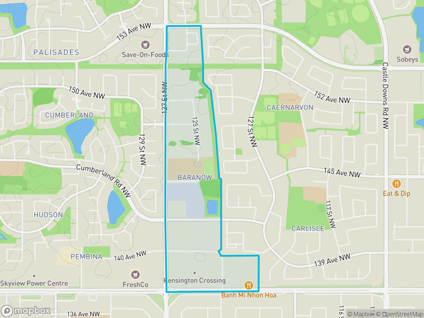 Map of Baranow, Edmonton — neighbourhood boundary, parks and surrounding streets.