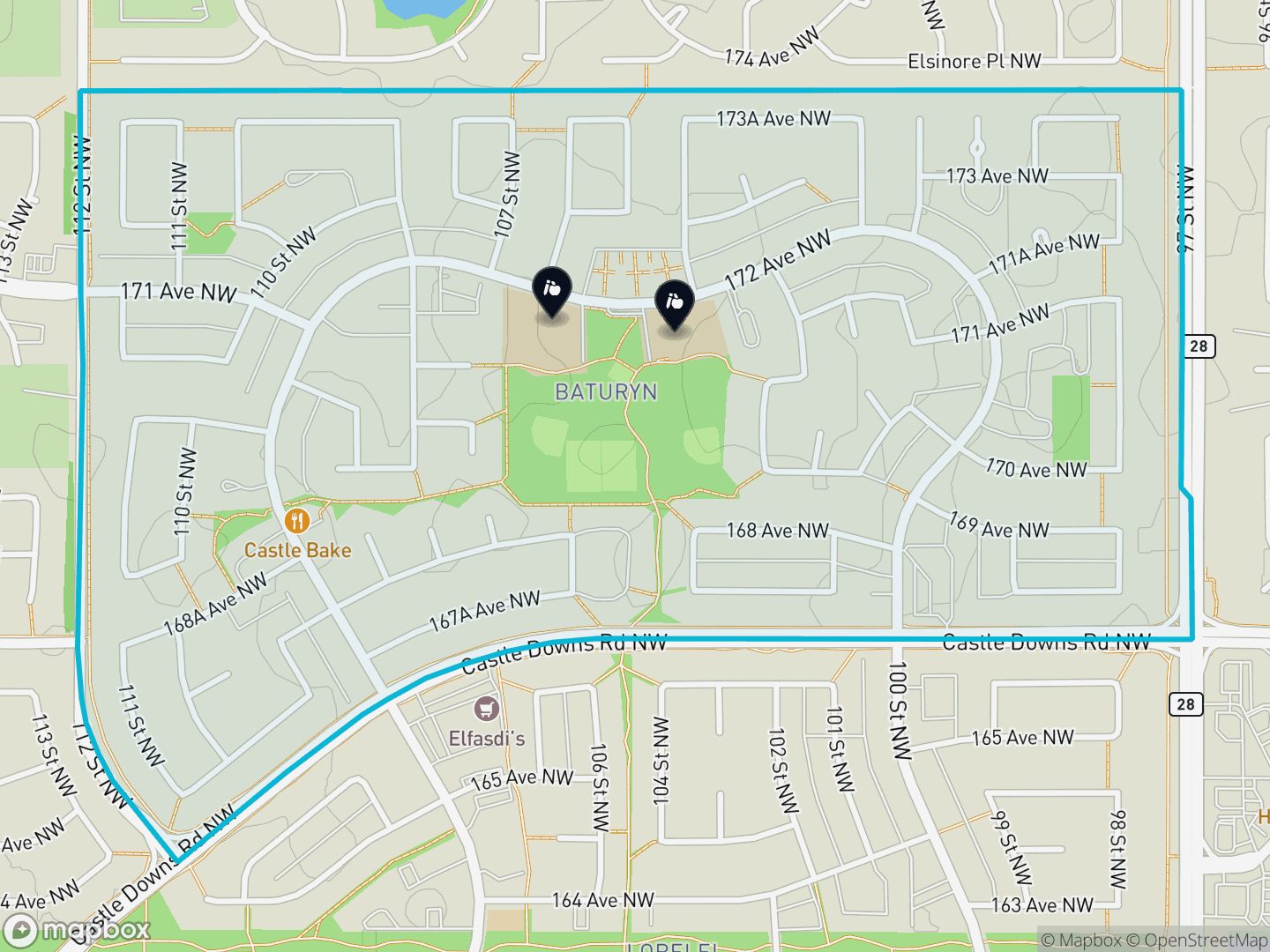 Map of Baturyn, Edmonton — neighbourhood boundary, 2 schools, parks and surrounding streets.
