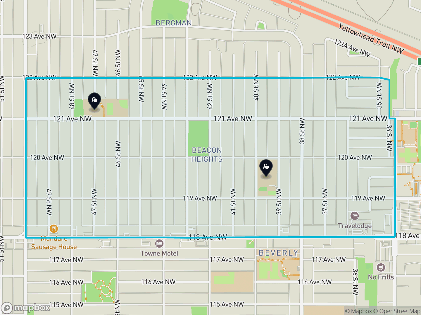 Map of Beacon Heights, Edmonton — neighbourhood boundary, 2 schools, parks and surrounding streets.