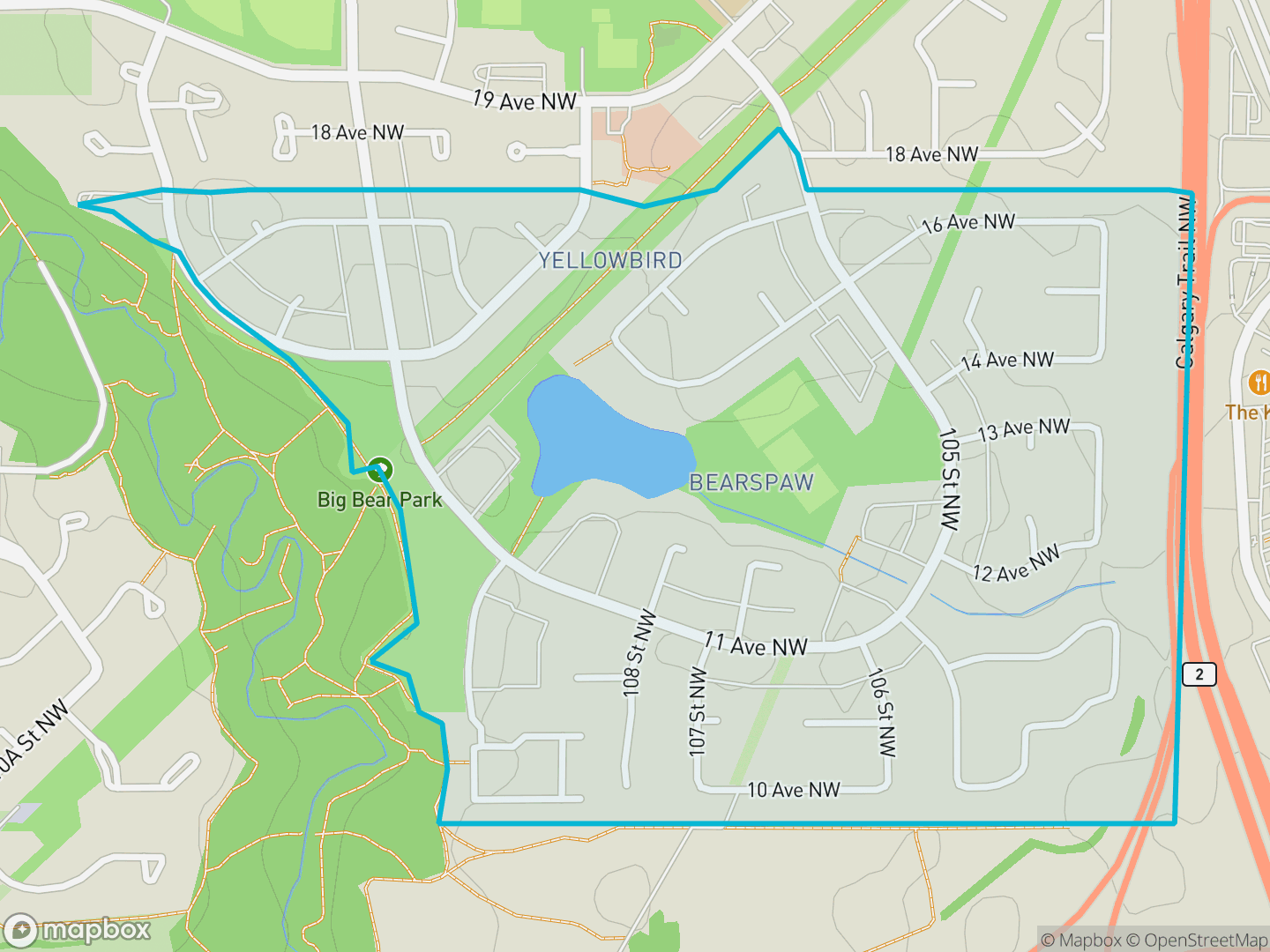Map of Bearspaw, Edmonton — neighbourhood boundary, parks and surrounding streets.