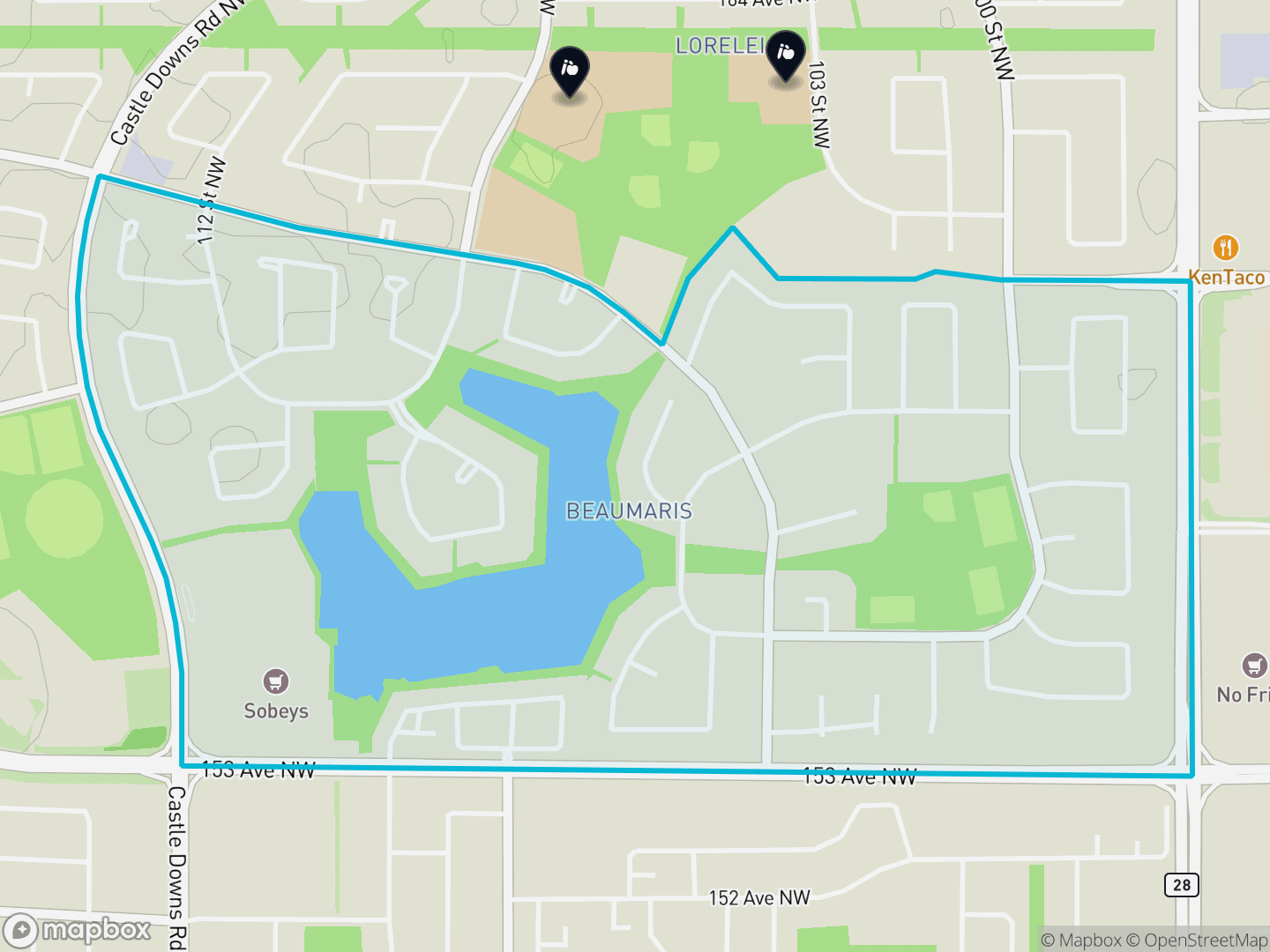 Map of Beaumaris, Edmonton — neighbourhood boundary, 2 schools, parks and surrounding streets.
