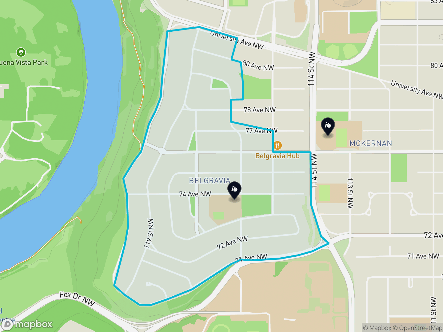 Map of Belgravia, Edmonton — neighbourhood boundary, 2 schools, parks and surrounding streets.