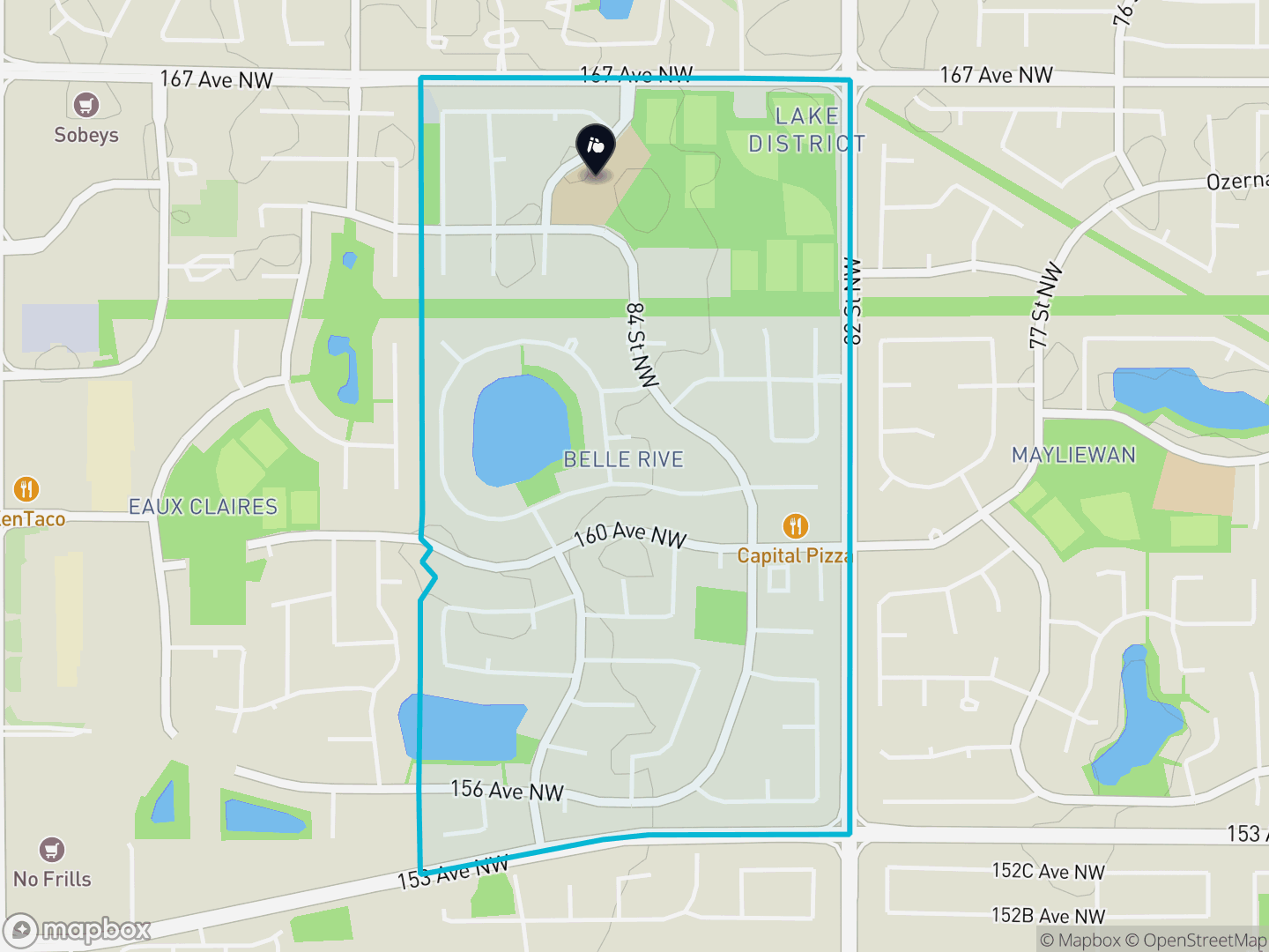 Map of Belle Rive, Edmonton — neighbourhood boundary, 1 school, parks and surrounding streets.