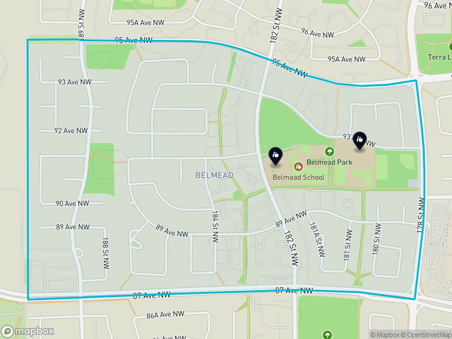 Map of Belmead, Edmonton — neighbourhood boundary, 2 schools, parks and surrounding streets.