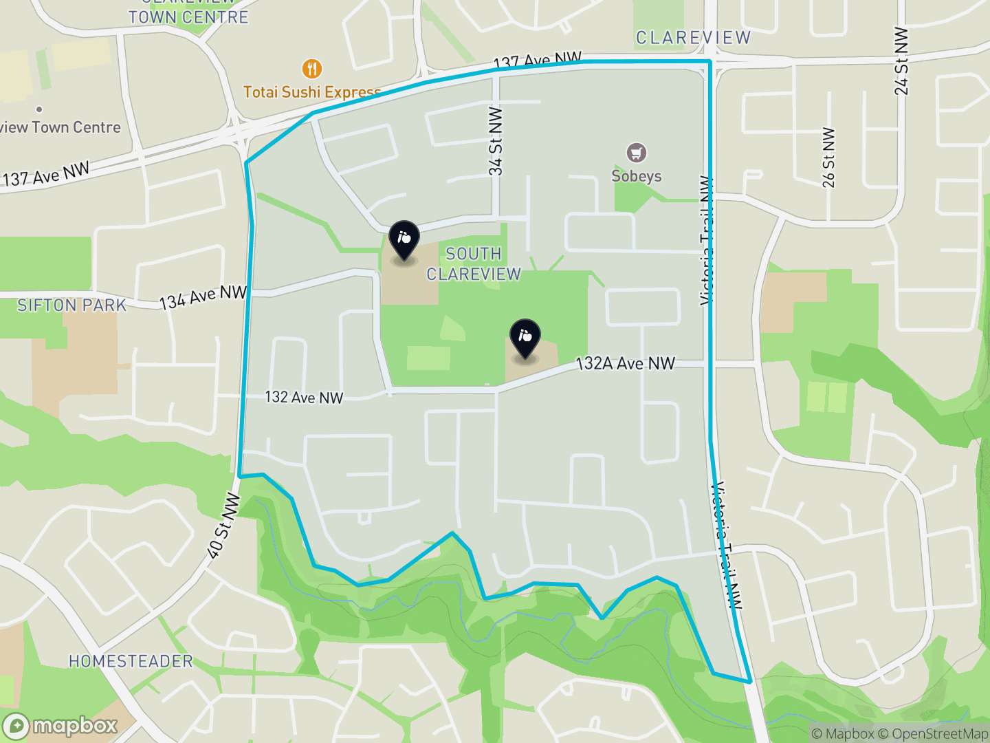 Map of Belmont, Edmonton — neighbourhood boundary, 2 schools, parks and surrounding streets.