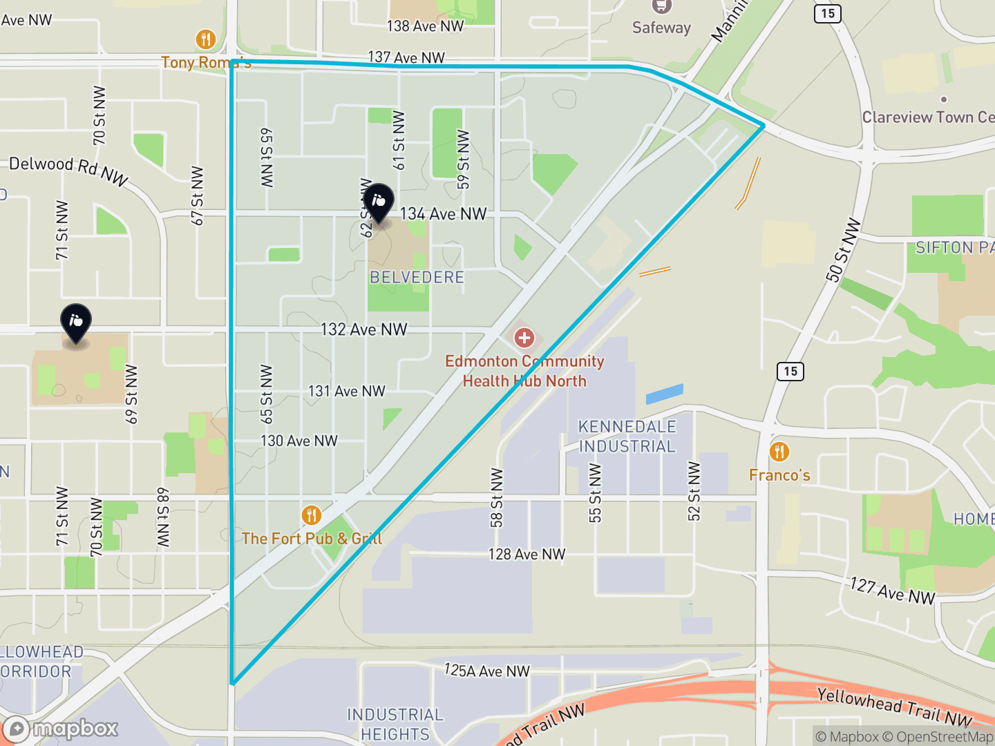 Map of Belvedere, Edmonton — neighbourhood boundary, 2 schools, parks and surrounding streets.