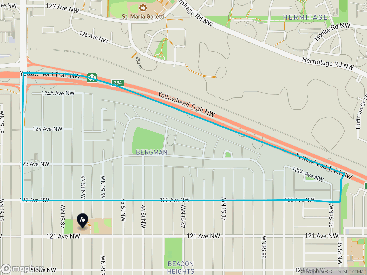 Map of Bergman, Edmonton — neighbourhood boundary, 1 school, parks and surrounding streets.
