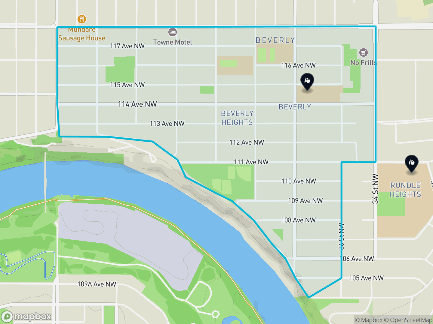 Map of Beverly Heights, Edmonton — neighbourhood boundary, 2 schools, parks and surrounding streets.