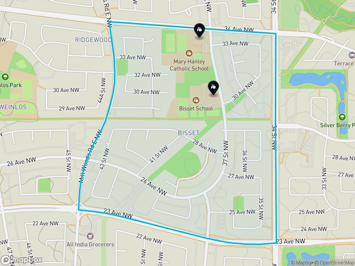 Map of Bisset, Edmonton — neighbourhood boundary, 2 schools, parks and surrounding streets.