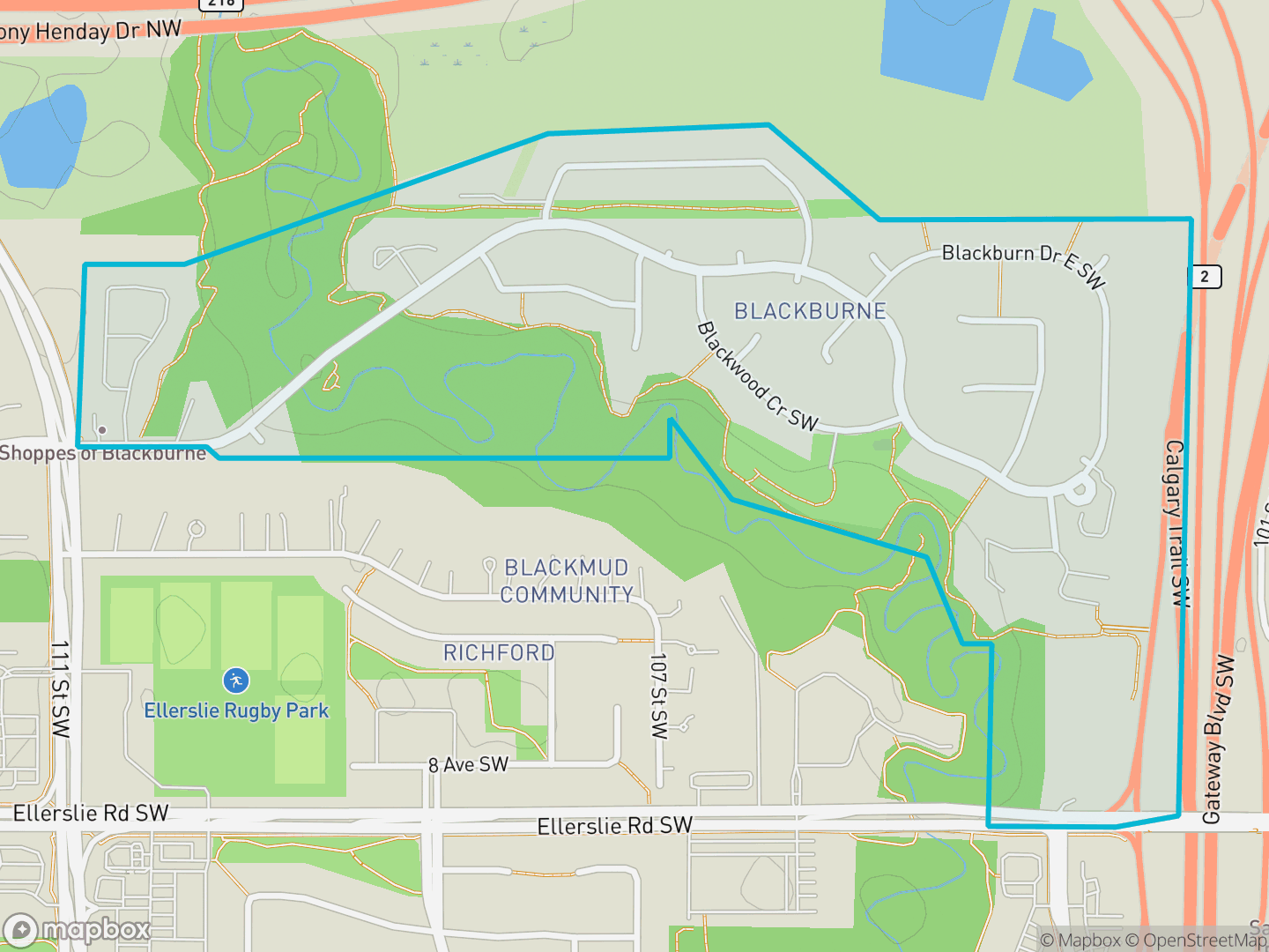 Map of Blackburne, Edmonton — neighbourhood boundary, parks and surrounding streets.