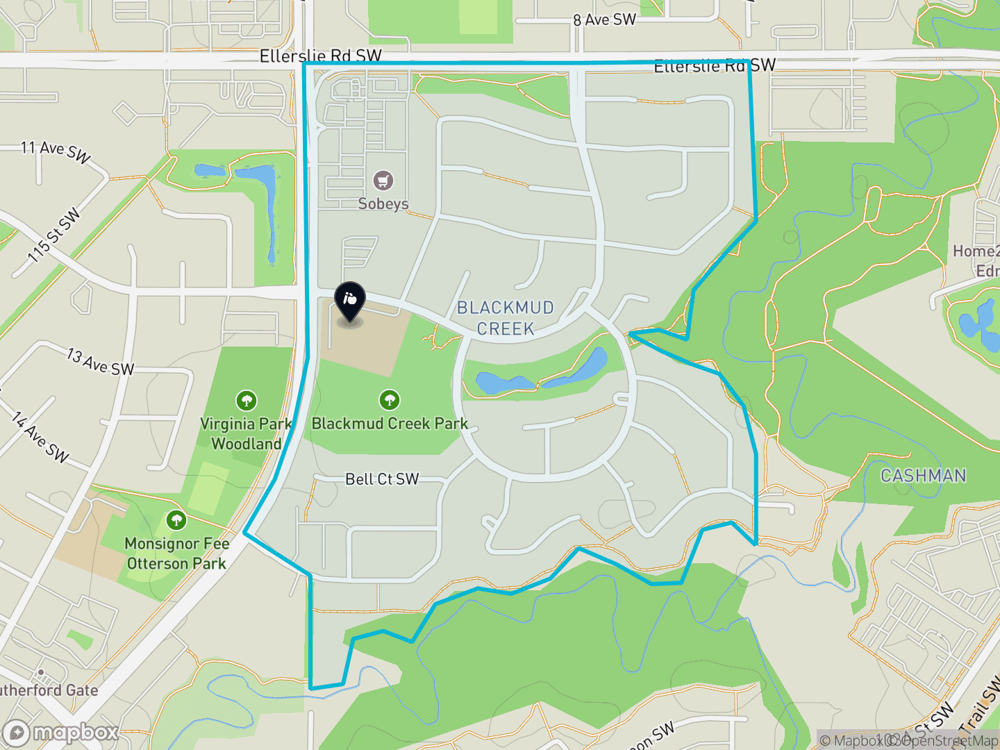 Map of Blackmud Creek, Edmonton — neighbourhood boundary, 1 school, parks and surrounding streets.