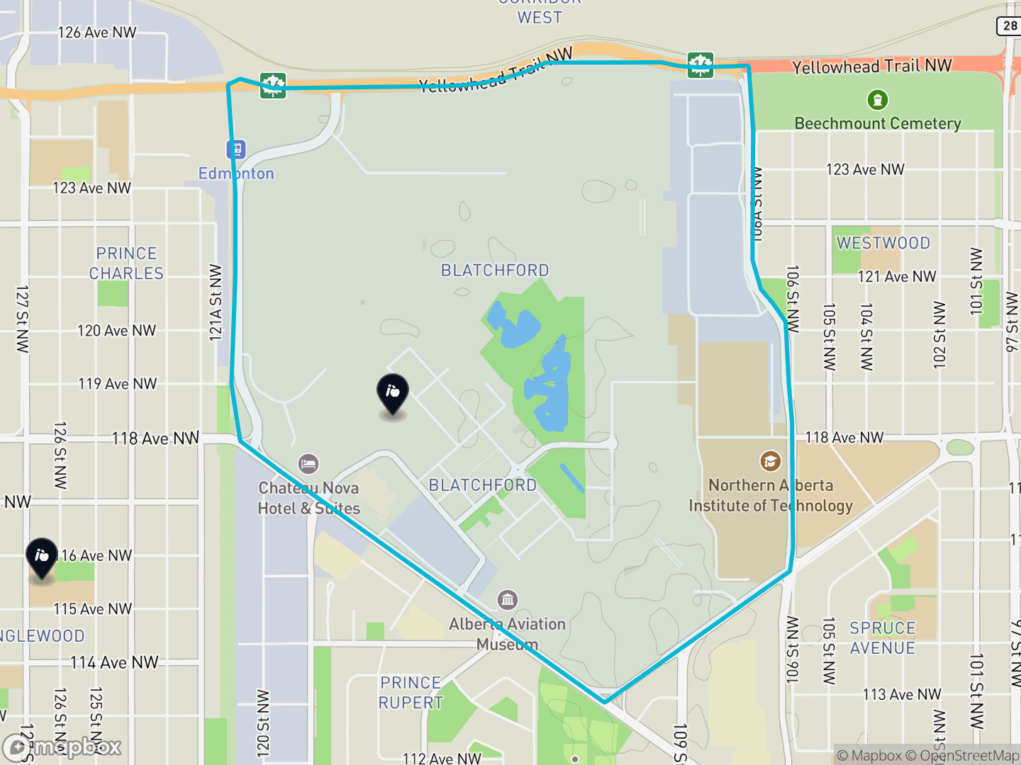 Map of Blatchford Area, Edmonton — neighbourhood boundary, 2 schools, parks and surrounding streets.