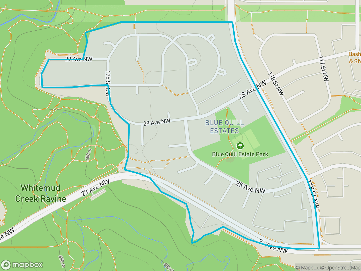 Map of Blue Quill Estates, Edmonton — neighbourhood boundary, parks and surrounding streets.