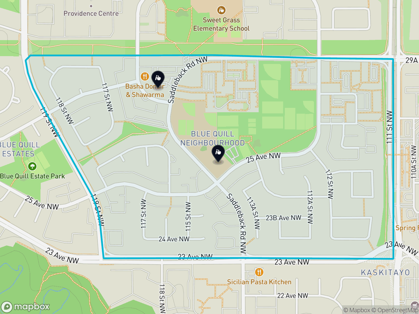 Map of Blue Quill, Edmonton — neighbourhood boundary, 2 schools, parks and surrounding streets.