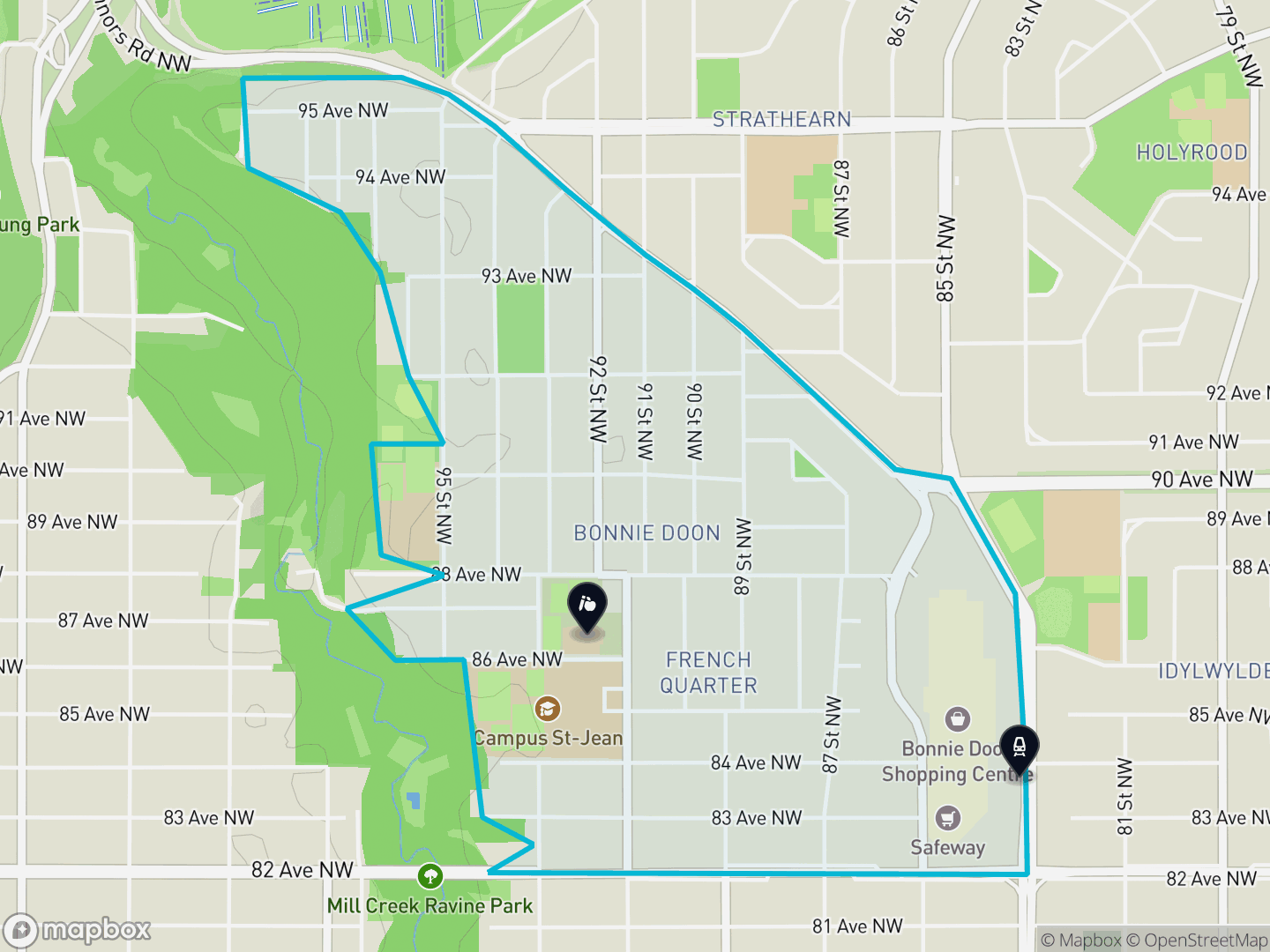 Map of Bonnie Doon, Edmonton — neighbourhood boundary with 1 LRT station, 1 school, parks and surrounding streets.