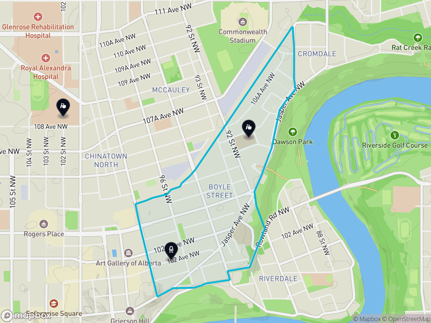 Map of Boyle Street, Edmonton — neighbourhood boundary with 1 LRT station, 2 schools, parks and surrounding streets.