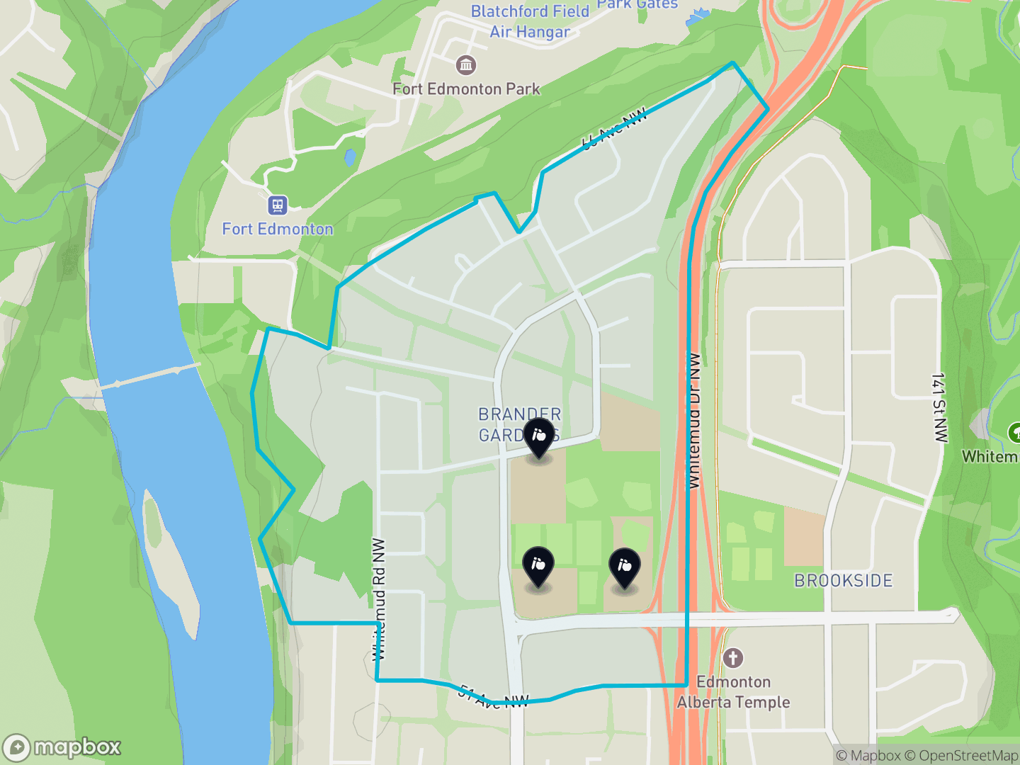 Map of Brander Gardens, Edmonton — neighbourhood boundary, 3 schools, parks and surrounding streets.