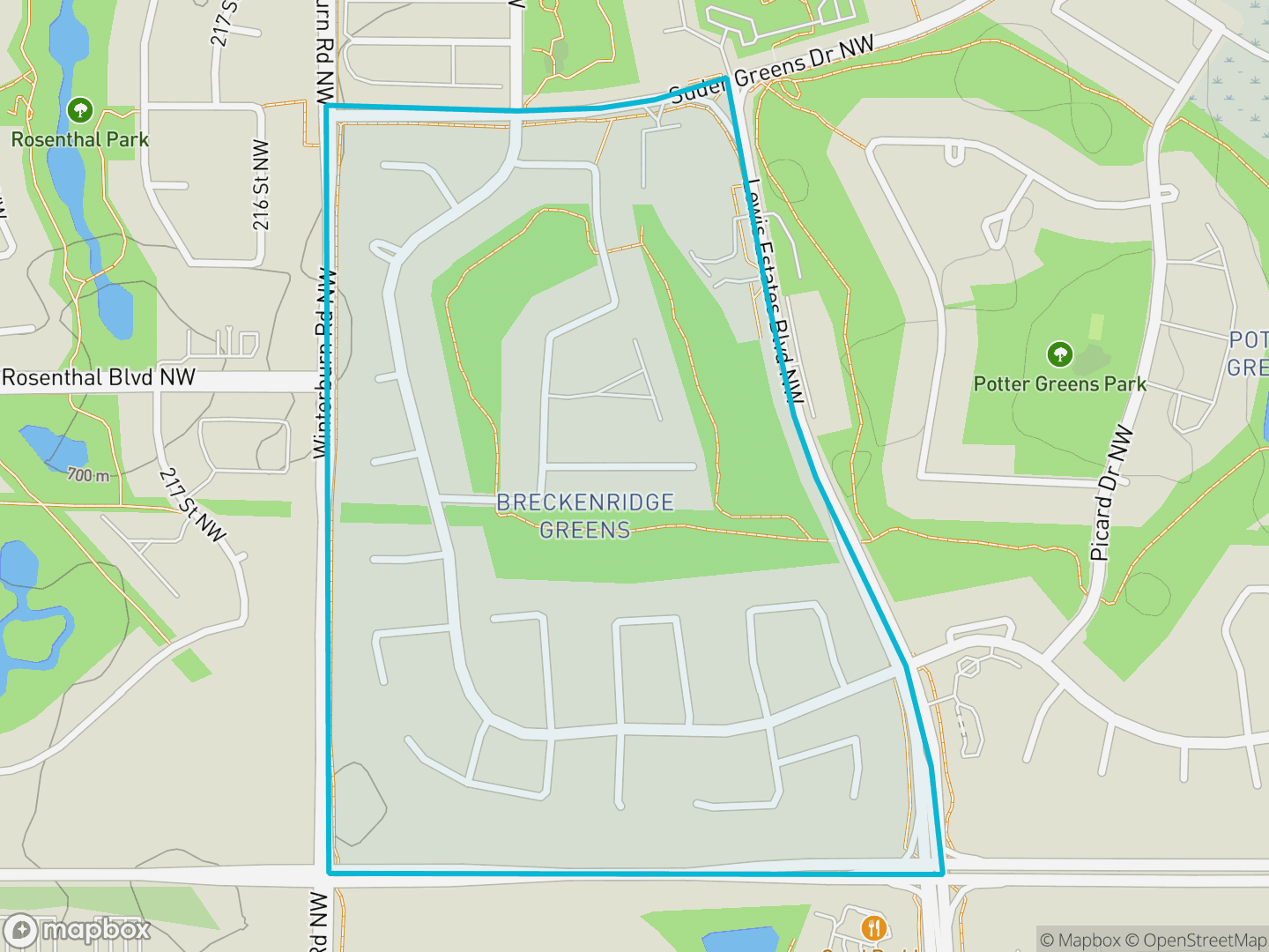 Map of Breckenridge Greens, Edmonton — neighbourhood boundary, parks and surrounding streets.