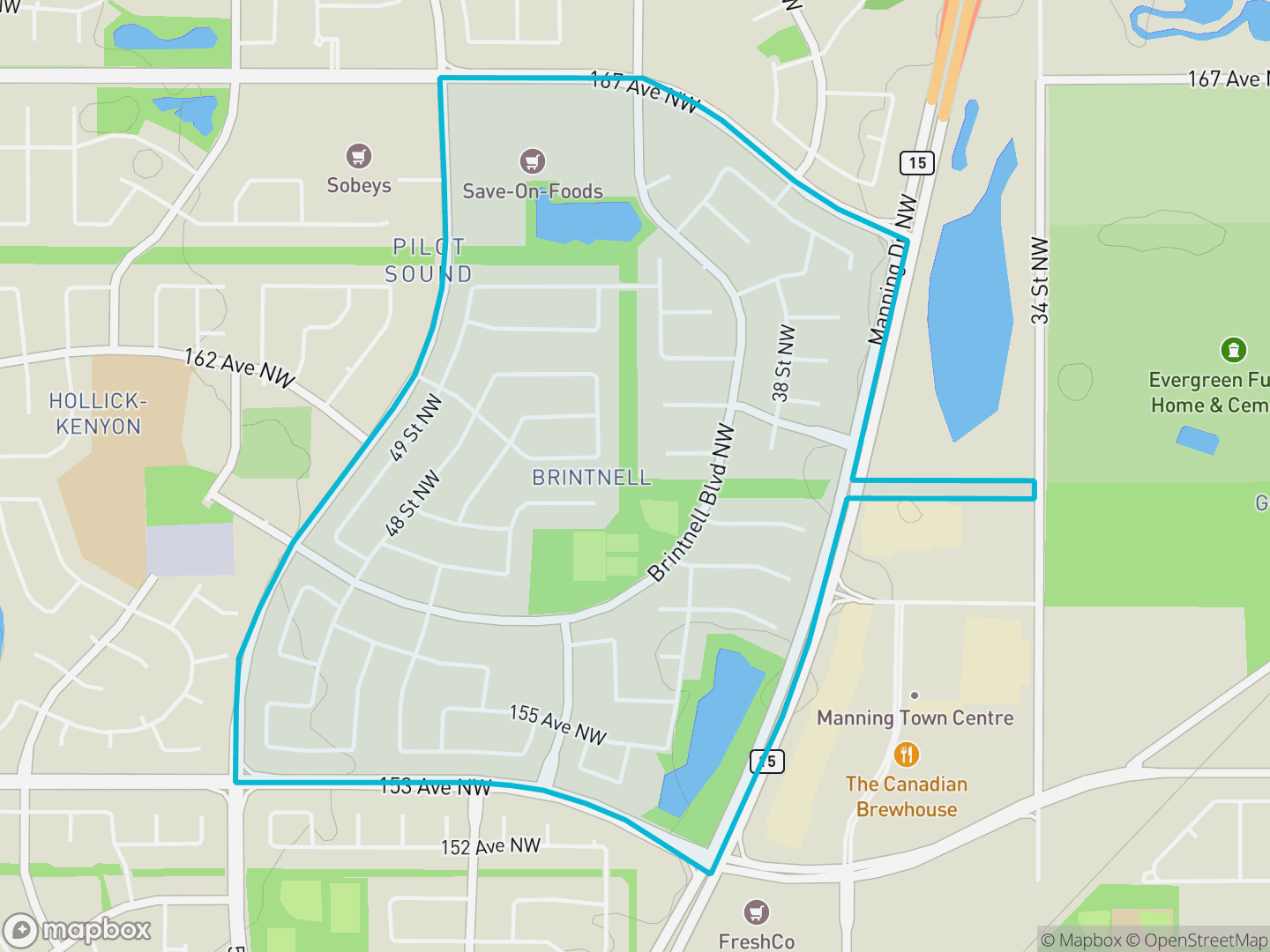 Map of Brintnell, Edmonton — neighbourhood boundary, parks and surrounding streets.