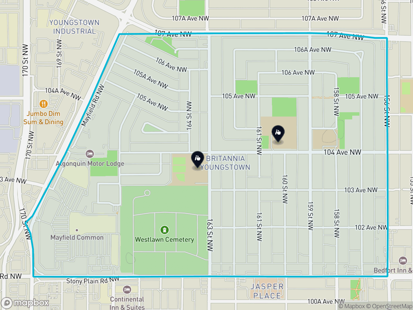 Map of Britannia Youngstown, Edmonton — neighbourhood boundary, 2 schools, parks and surrounding streets.