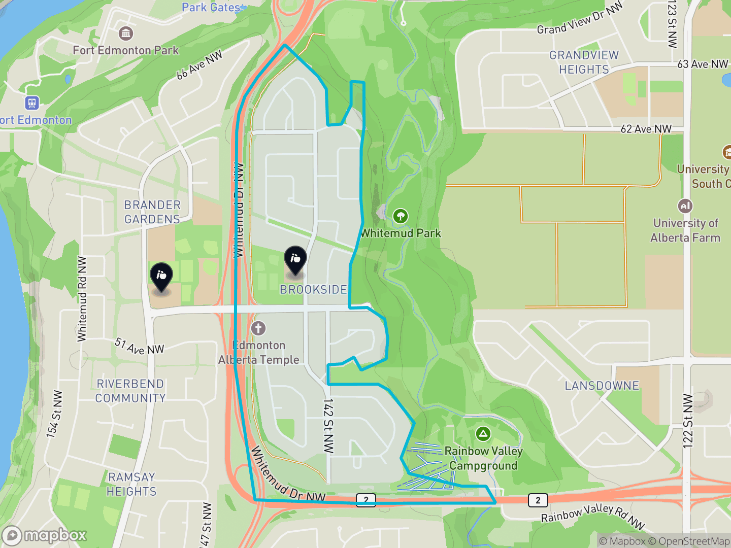 Map of Brookside, Edmonton — neighbourhood boundary, 2 schools, parks and surrounding streets.